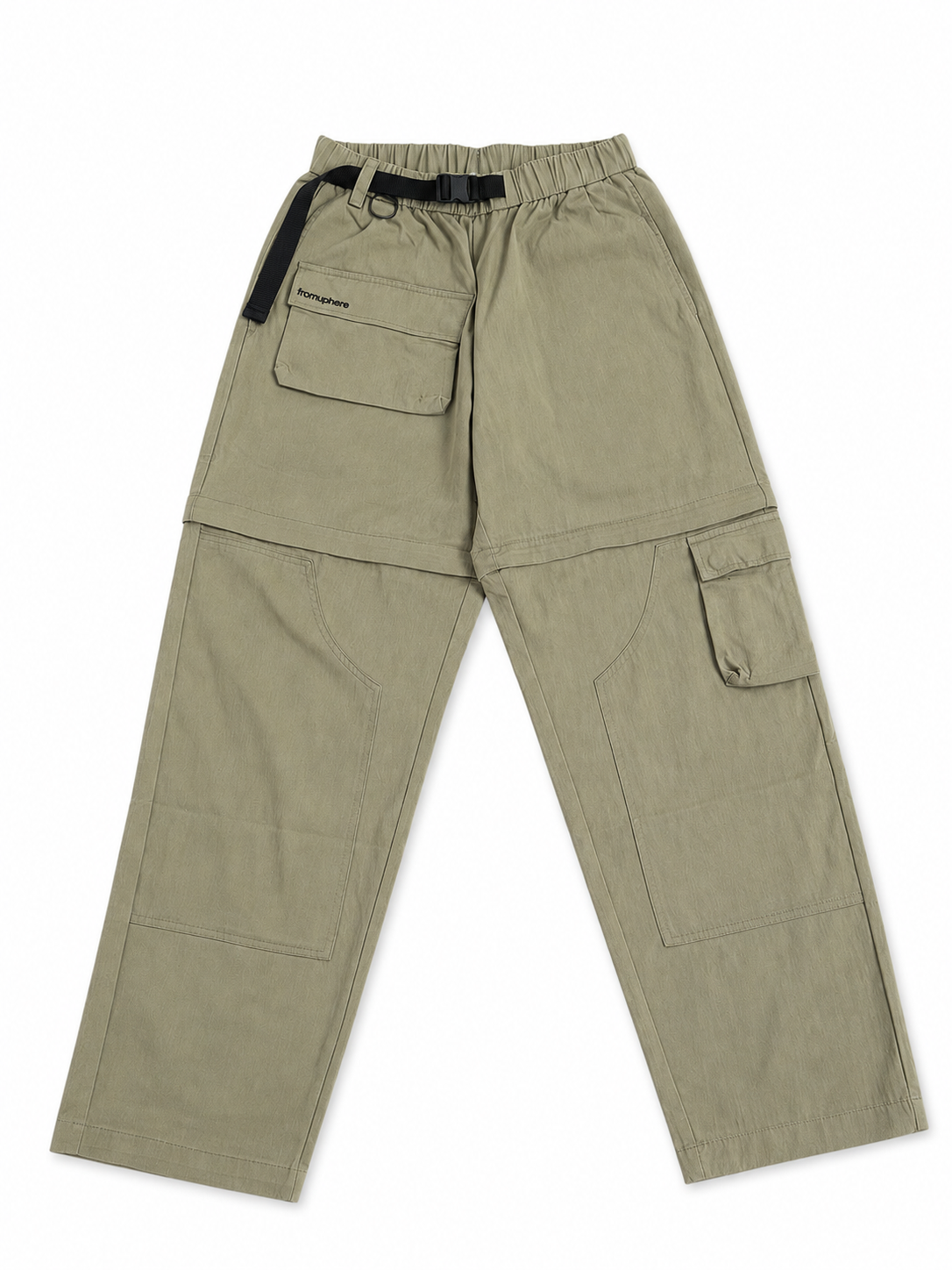 A pair of olive green zipoff cargo pants with double knee reinforcement, a black belt and elastic waistband, laid flat on a white background.