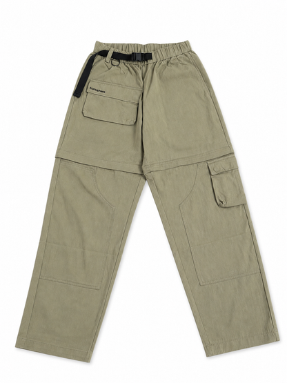 A pair of olive green zipoff cargo pants with double knee reinforcement, a black belt and elastic waistband, laid flat on a white background.